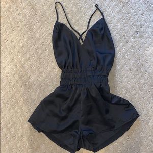 Low cut backless black satin romper